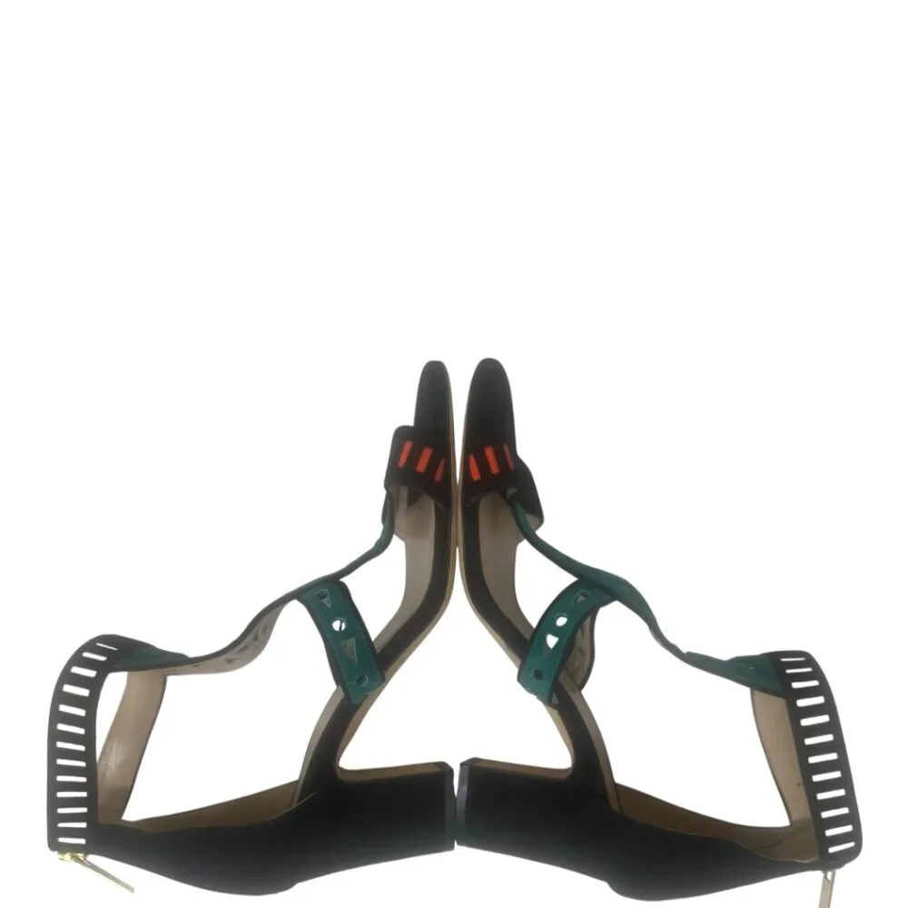 Tamara Mellon Black Suede Green Red White Laser Cut Straps Open Toe Heels Size 9
